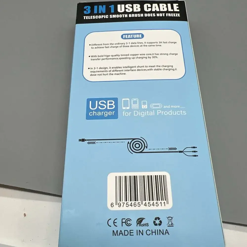 3 in 1 USB Retractable Cable W/ Type C, Lightening and Micro‎ Connectors
